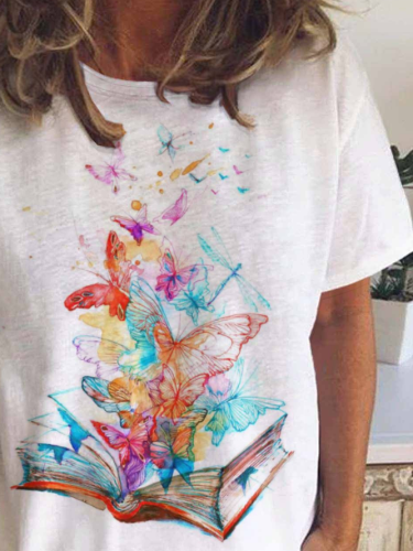 Casual Simple Butterfly Book Print T-Shirt
